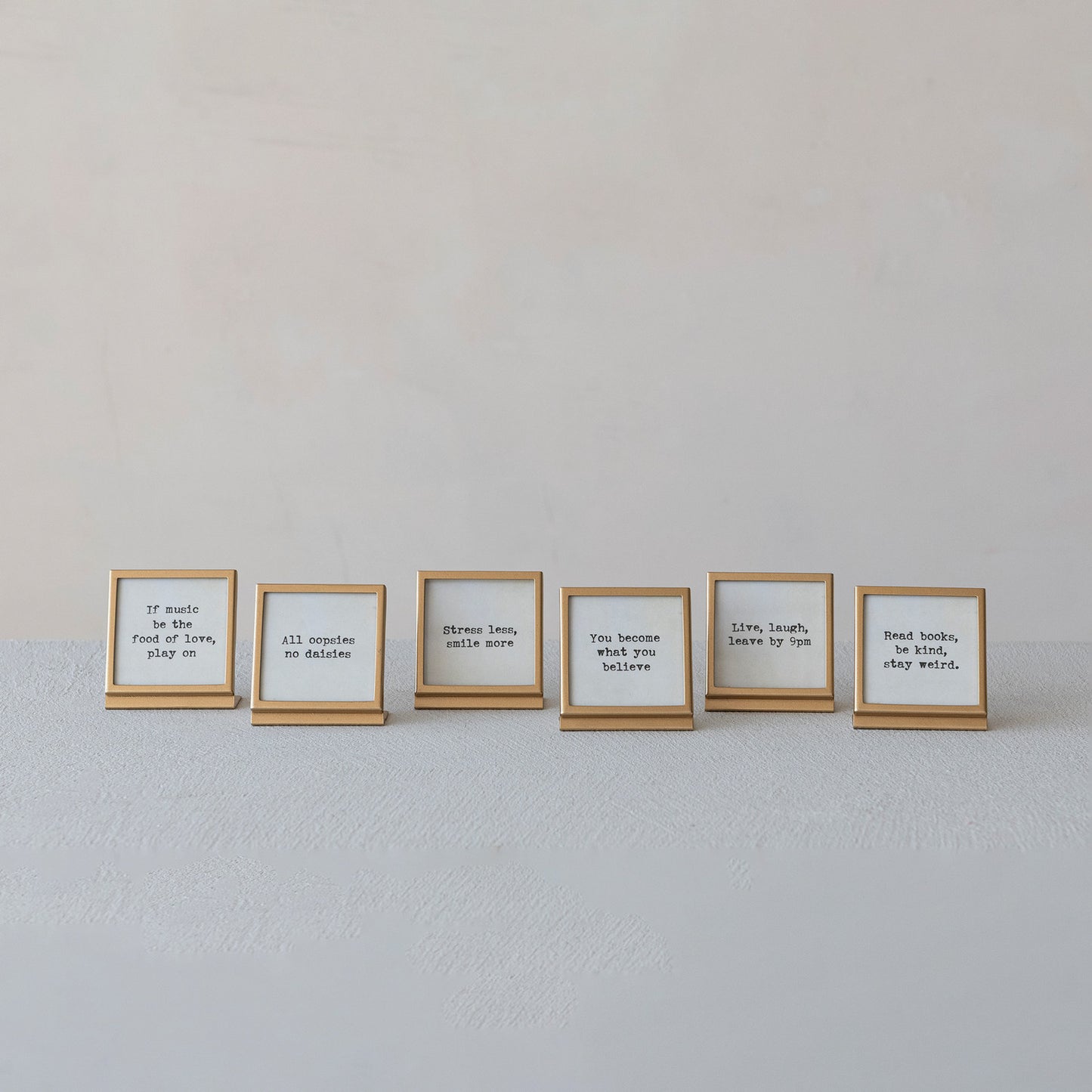 Metal & Glass Frame with Easel & Saying, Gold Finish, 6 Styles (Holds 3" Square Photo)