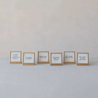 Metal & Glass Frame with Easel & Saying, Gold Finish, 6 Styles (Holds 3" Square Photo)