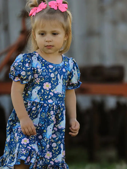 Teal Bunny Garden Ruffle Sleeve Girls Dress