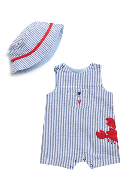 Lobster Detail Cotton Seersucker Shortalls & Hat Set