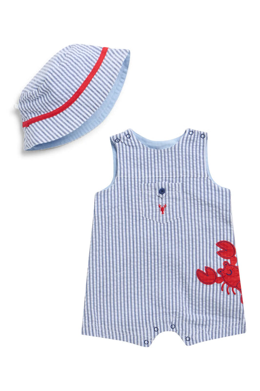 Lobster Detail Cotton Seersucker Shortalls & Hat Set