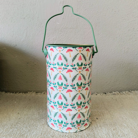 Metal Holiday Bucket w/ Mushroom Gnome Print & Handle