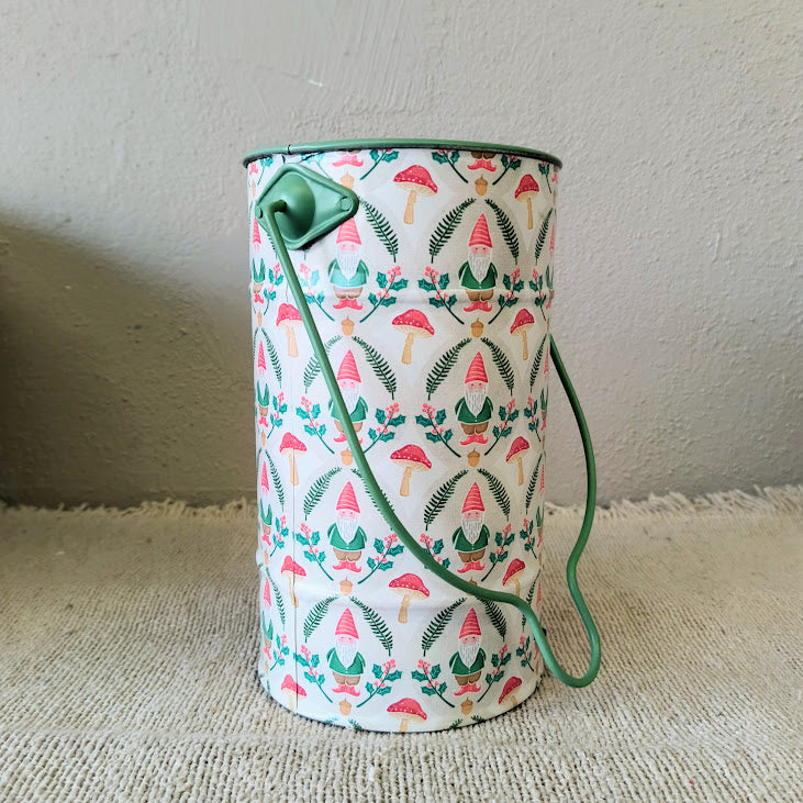 Metal Holiday Bucket w/ Mushroom Gnome Print & Handle
