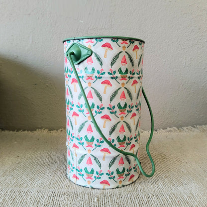 Metal Holiday Bucket w/ Mushroom Gnome Print & Handle