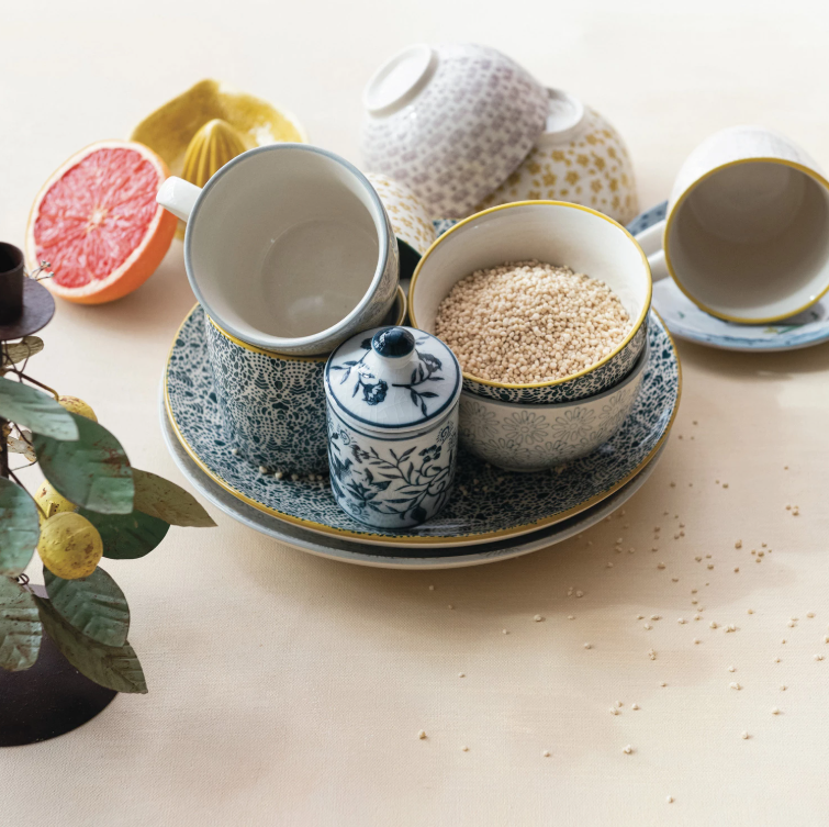Stoneware Bowl w/ Floral Pattern