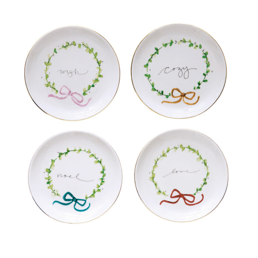 5" Rnd Stoneware Plate w Holiday Word (4 Styles)