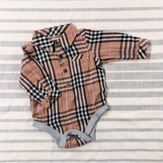 Brown Plaid Collared Onesie