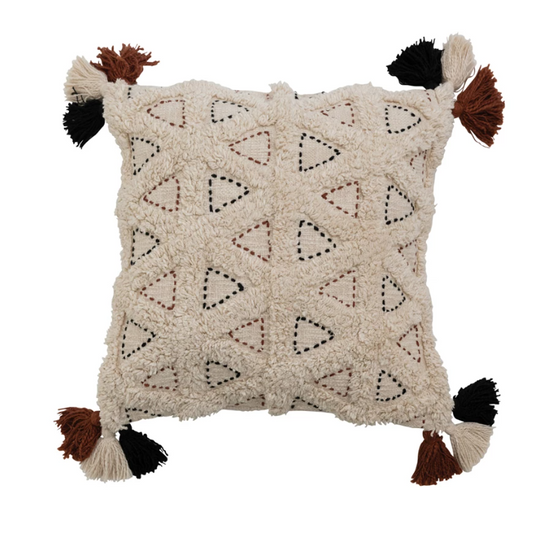 Cotton Slub Tufted Pillow w/ Kantha Stitch & Tassels
