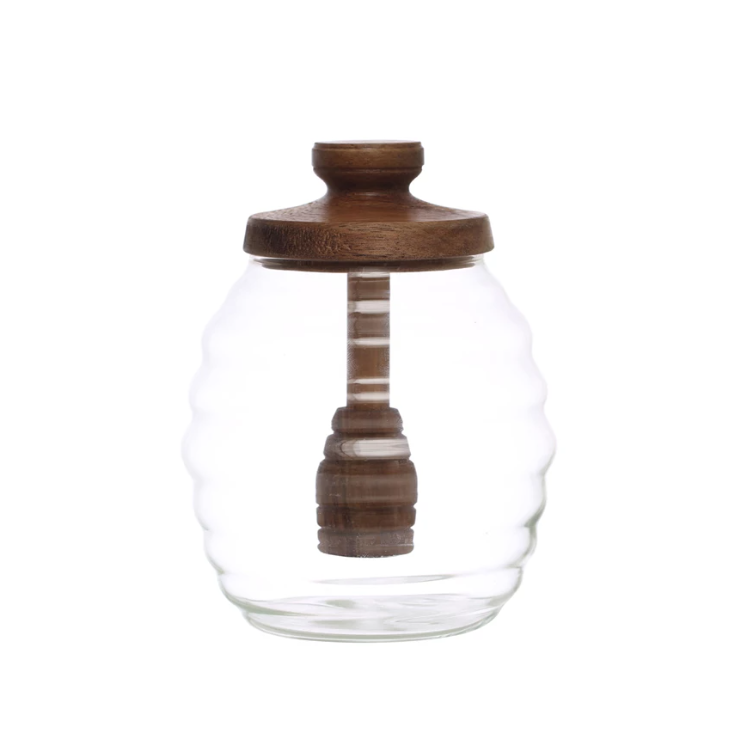 Glass Honey Jar w/ Lid & Attached Honey Dipper