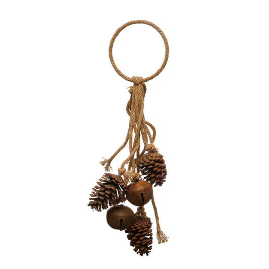 23.25" Jute Rope Door Hanger w/ 2 Jingle Bells & Pinecones