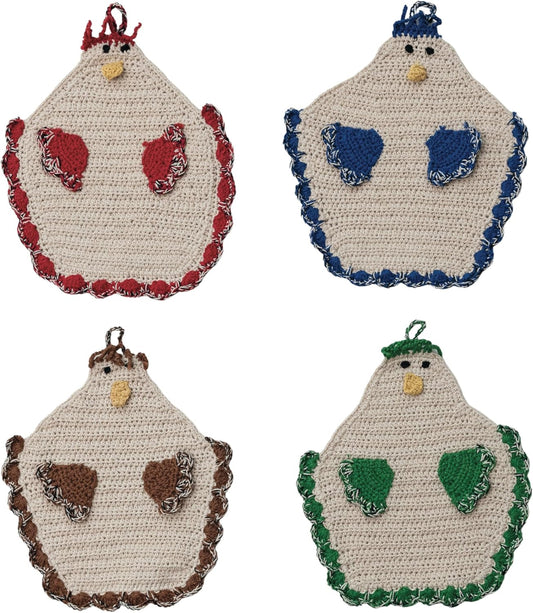 Cotton Crocheted Chicken Shaped Pot Holder w/ Loop, 4 Colors