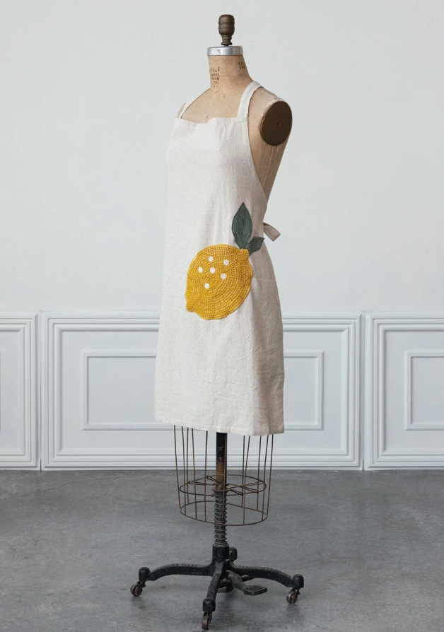Cotton & Linen Apron w/ Embroidery & Crochet Lemon Shaped Pocket