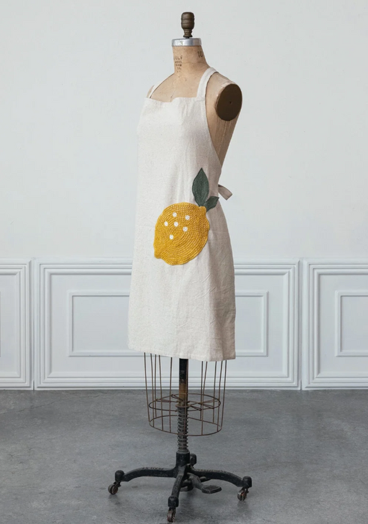 Cotton & Linen Apron w/ Embroidery & Crochet Lemon Shaped Pocket