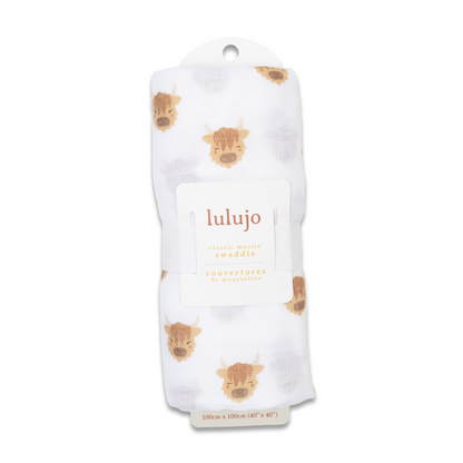 Lulujo Cotton Swaddle – Highland Cows – 47×47″