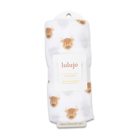 Lulujo Cotton Swaddle – Highland Cows – 47×47″