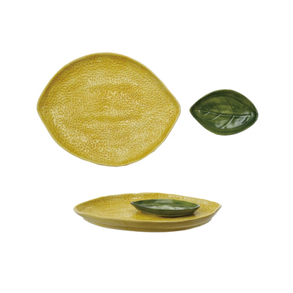Stoneware Lemon Shaped Platter w/ Leaf Dish