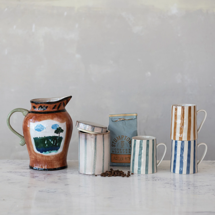 Stoneware Jar w/ Stripes & Lid