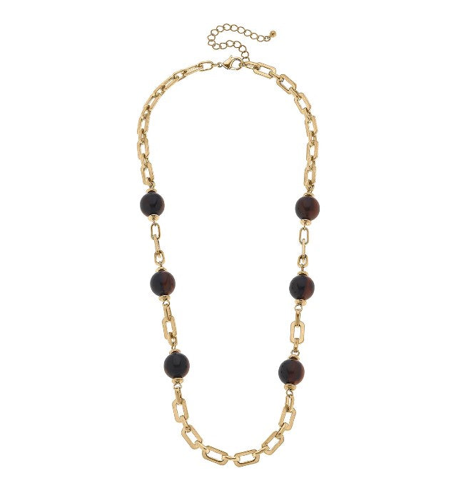 Gia Resin Bead & Chain Link Necklace - 22" Tortoise