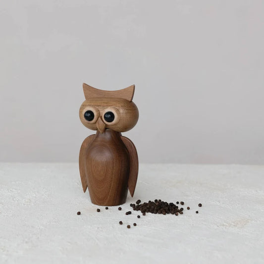 Acacia Wood Owl Shaped Salt/Pepper Mill, Natural