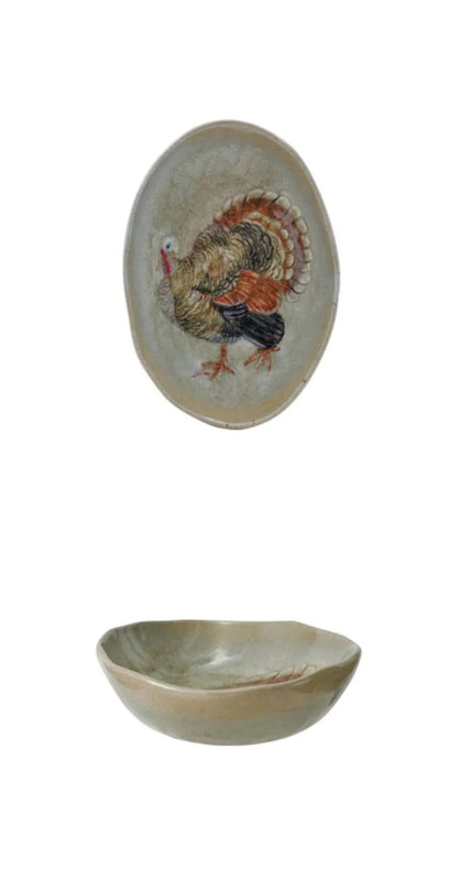 Hand-Painted Stoneware Platter with Animal/Pumpkins, 4 Styles