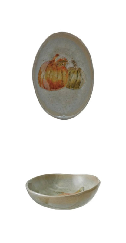Hand-Painted Stoneware Platter with Animal/Pumpkins, 4 Styles