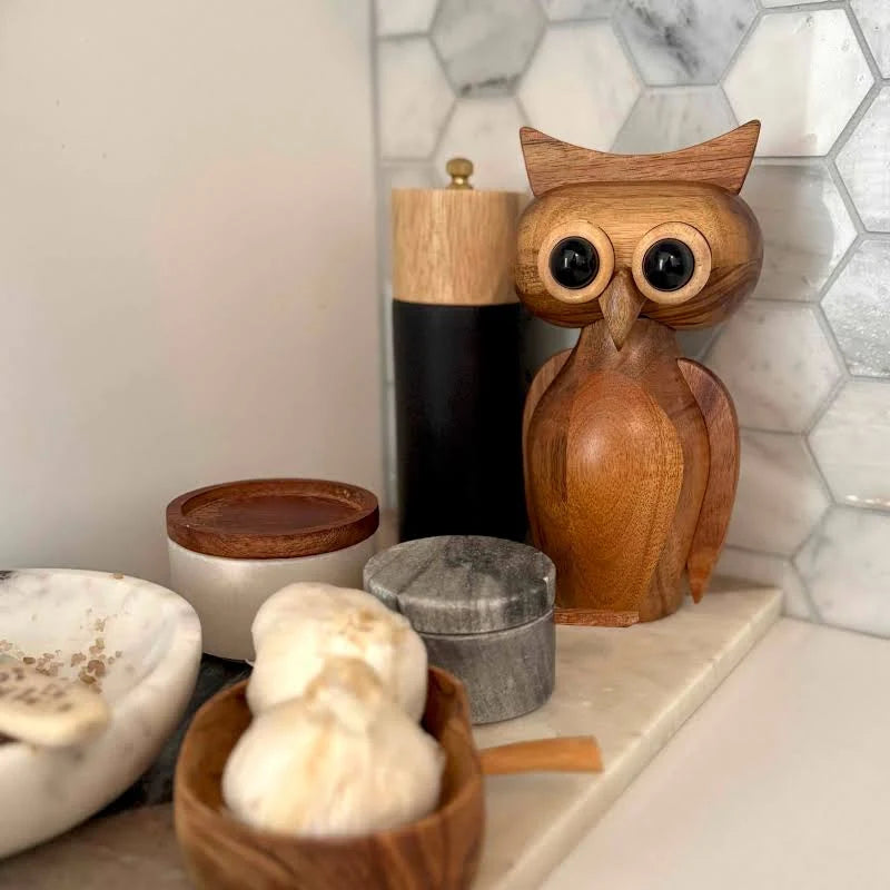 Acacia Wood Owl Shaped Salt/Pepper Mill, Natural