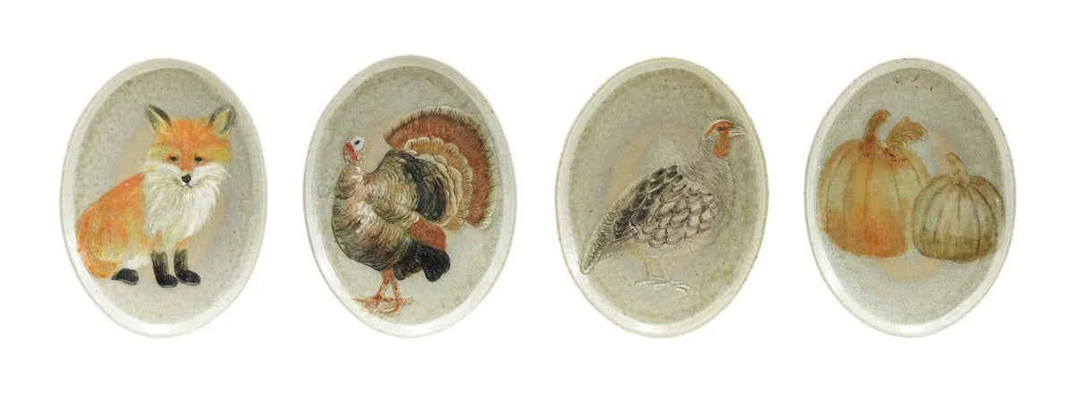 Hand-Painted Stoneware Platter with Animal/Pumpkins, 4 Styles