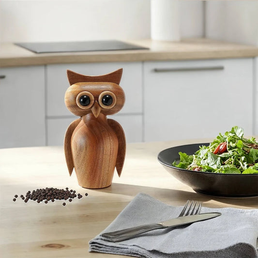 Acacia Wood Owl Shaped Salt/Pepper Mill, Natural