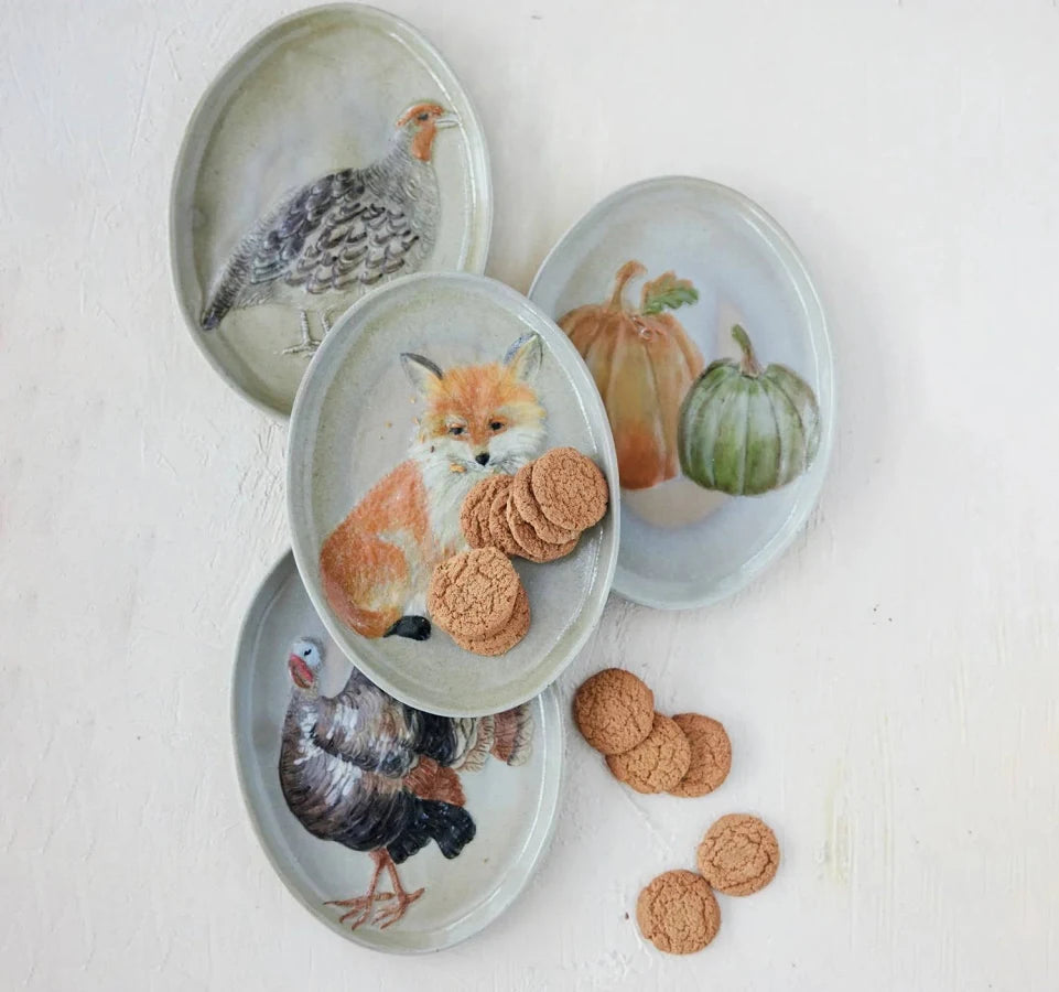 Hand-Painted Stoneware Platter with Animal/Pumpkins, 4 Styles