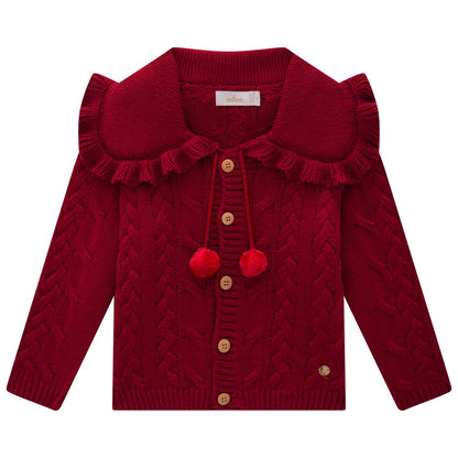 Girls Red Knit Cardigan w/ Pompoms