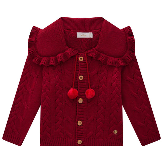 Girls Red Knit Cardigan w/ Pompoms