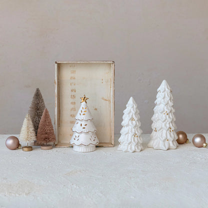 Stoneware Christmas Trees Set w/ 1 LED Tree