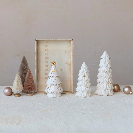 Stoneware Christmas Trees Set w/ 1 LED Tree