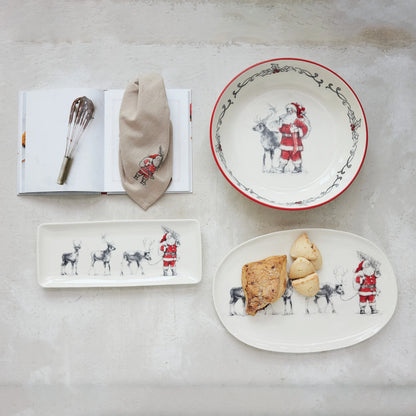 Stoneware Platter w/ Santa Leading Reindeer Image