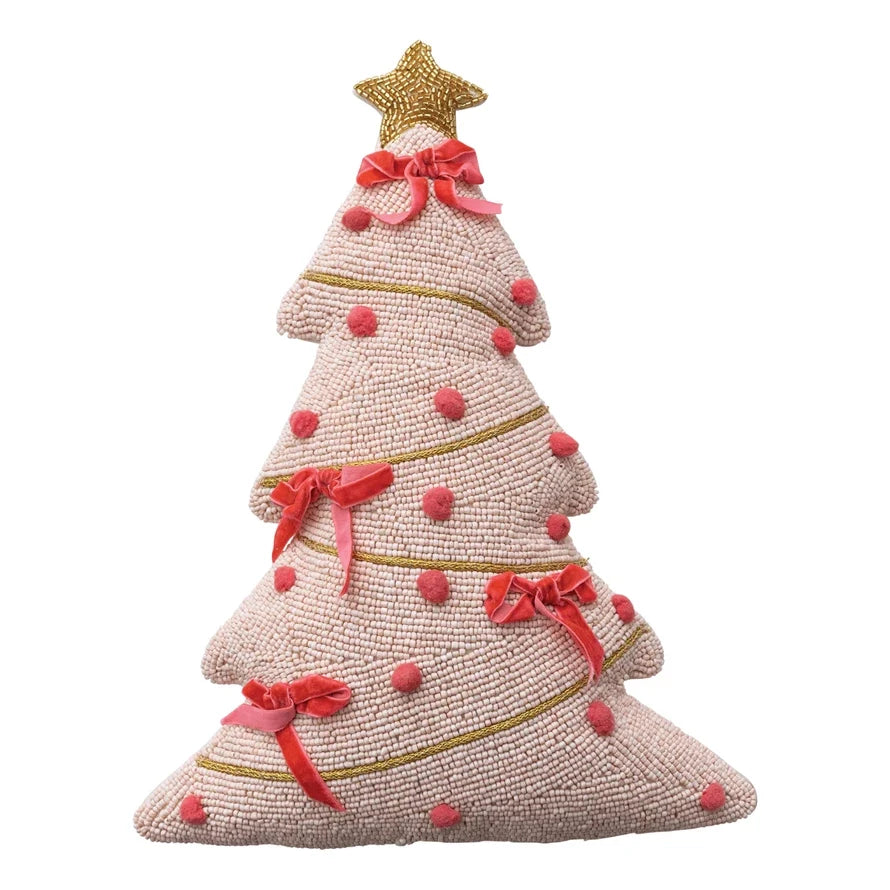 Pink Beaded Christmas Tree Pillow with Red Accents