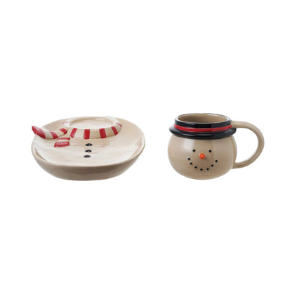 Hand-Painted Stoneware Snowman Mug w/ Platter