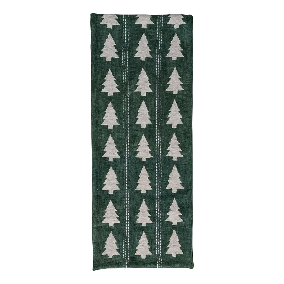 Table Runner with Trees Pattern, Embroidery & Stitching, Green & Natural