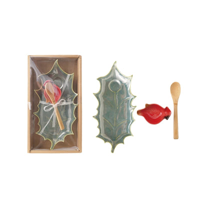 Stoneware Plate with Dish & Bamboo Spoon