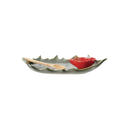 Stoneware Plate with Dish & Bamboo Spoon