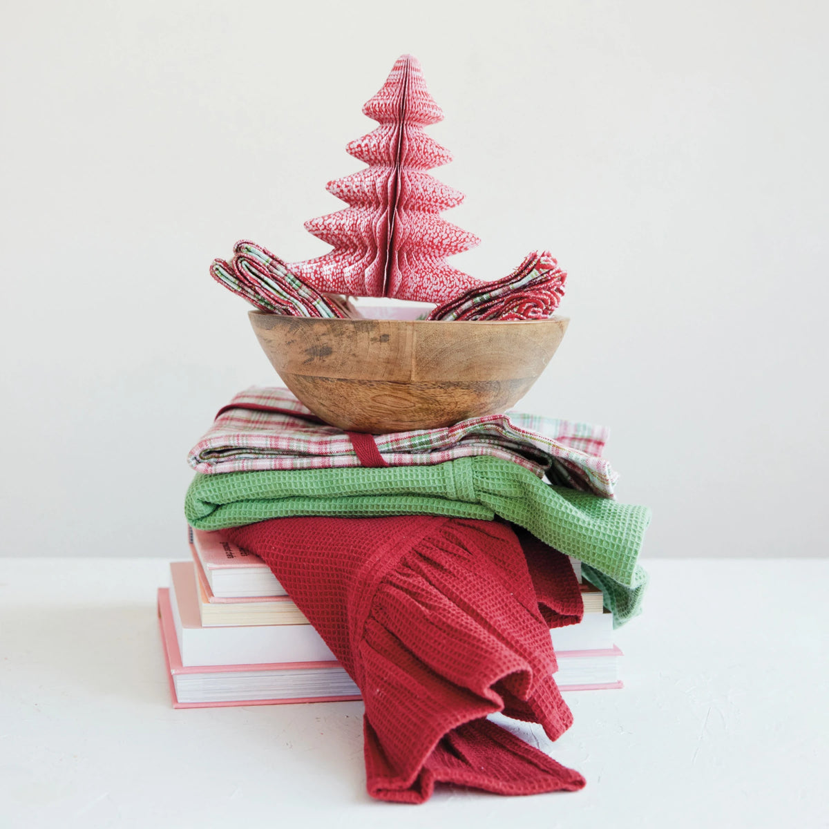 Woven Cotton Waffle Weave Tea Towels with Ruffle, Set of 3 Tied with Red Cotton Tape