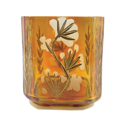 Etched Glass Tealight/Votive Holder, Amber Color, Gold Finish & White