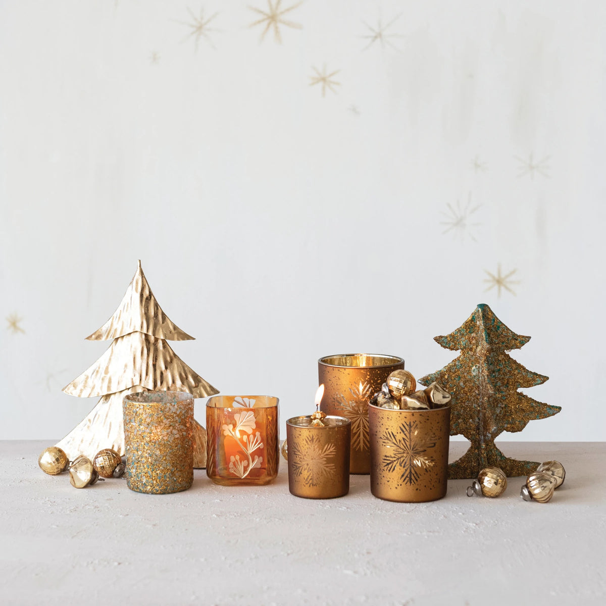 Etched Glass Tealight/Votive Holder, Amber Color, Gold Finish & White