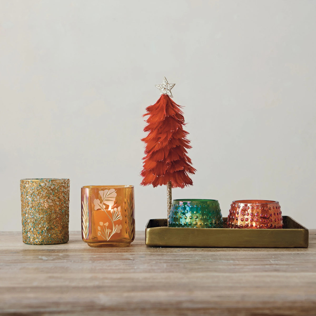 Etched Glass Tealight/Votive Holder, Amber Color, Gold Finish & White