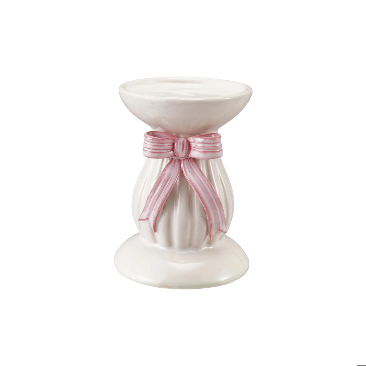 Hand-Painted Stoneware Fluted Pillar Holder with Bow