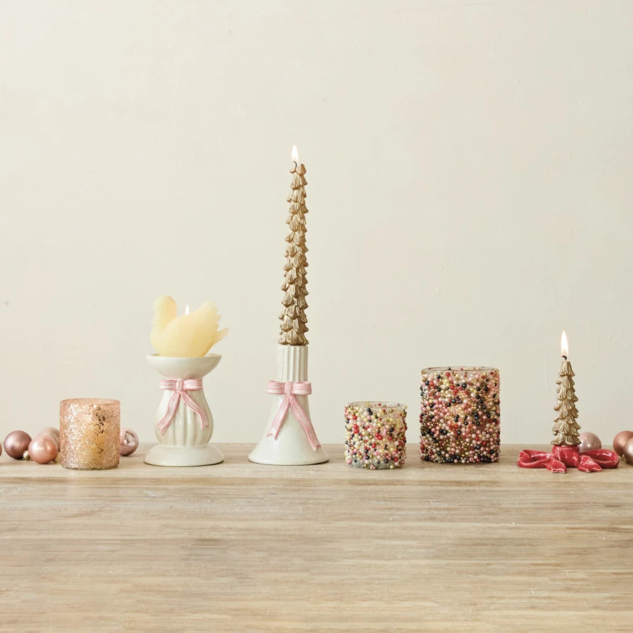 Hand-Painted Stoneware Fluted Pillar Holder with Bow