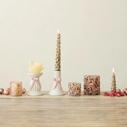 Hand-Painted Stoneware Fluted Taper Holder with Bow