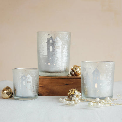 Mercury Glass Tealight/Votive Holder with Laser Etched Scene