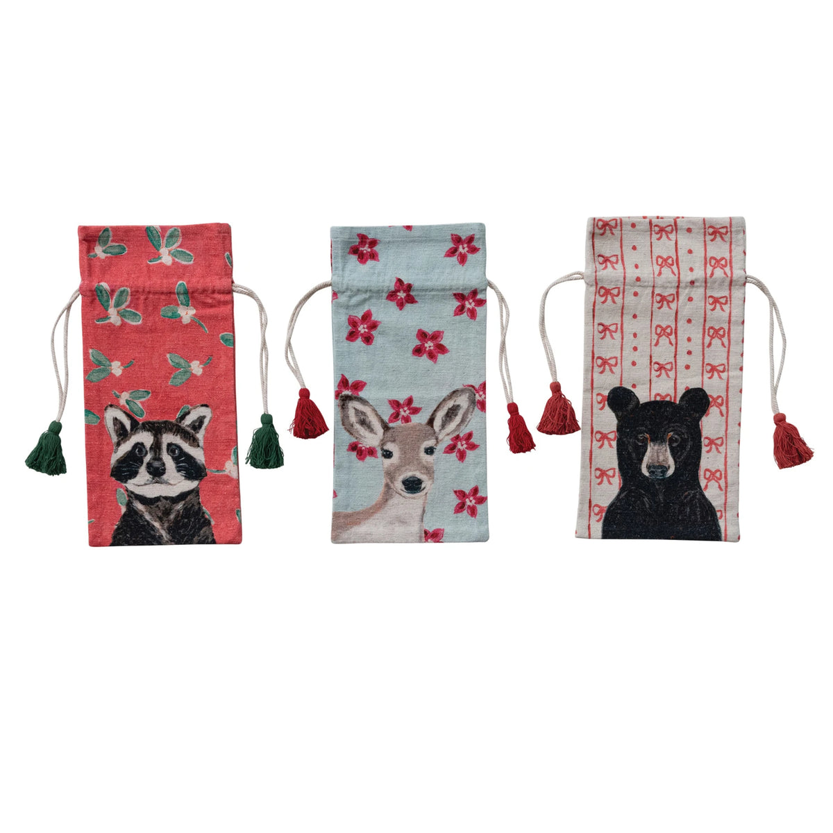 Cotton & Linen Printed Drawstring Wine Bag with Tassels, 3 Styles