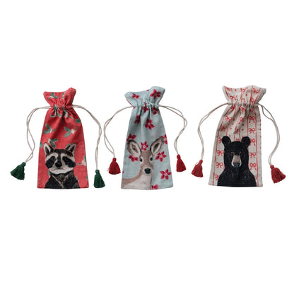Cotton & Linen Printed Drawstring Wine Bag with Tassels, 3 Styles