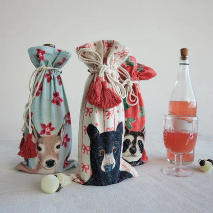 Cotton & Linen Printed Drawstring Wine Bag with Tassels, 3 Styles